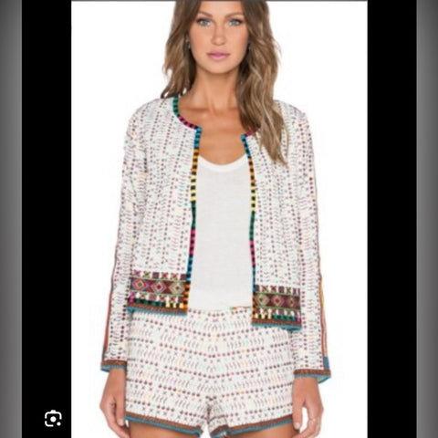 Anthropologie Cream Embroidered Open Front Jacket