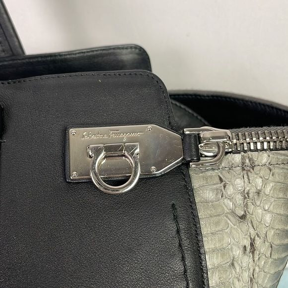 SALVATORE FERRAGAMO LARGE BLACK LEATHER AND GREY SNAKE BAG