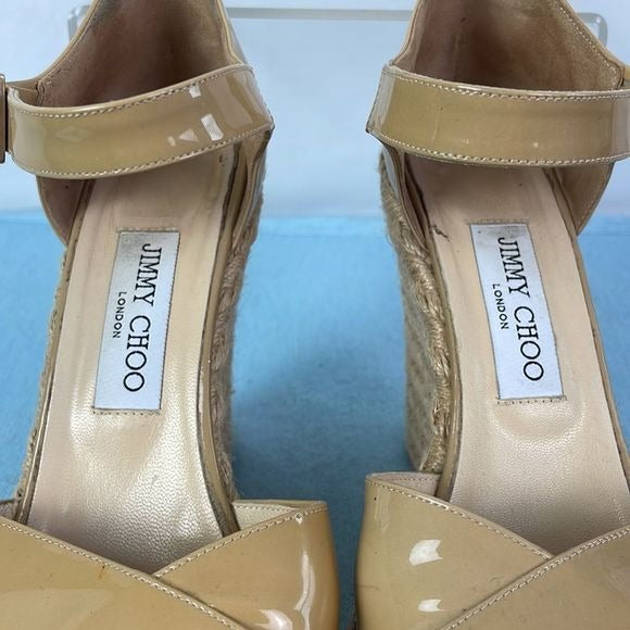 Jimmy Choo Tan Patent Straw Wedges