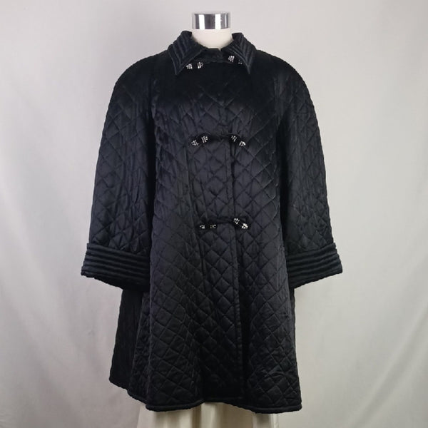 Valentino Vtg  Black Satin Quilted W Beaded Toggles Cape Coat.