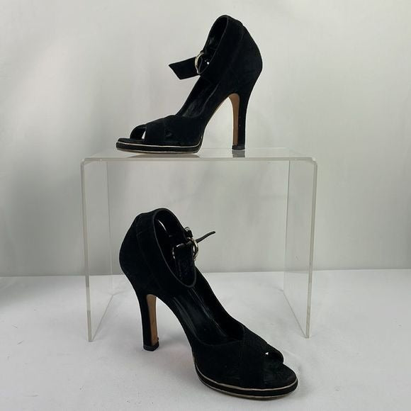 Gucci Black Suede With Gold Ankle Strap Sandal Heels
