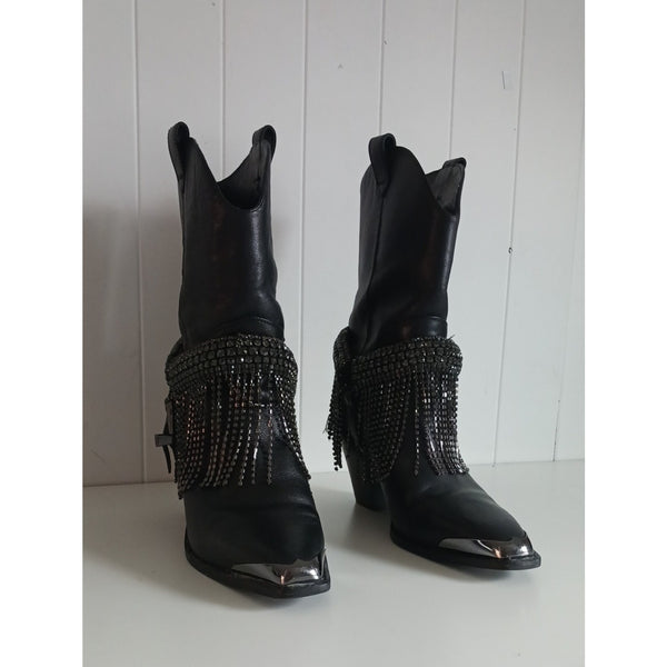 DANIEL DIAMOND BLACK WITH CRYSTAL FRINGE COWBOY BOOTS.