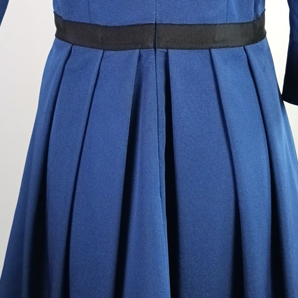 Pamella Roland Blue Pleated Bottom Fit Flare Dress w Collar