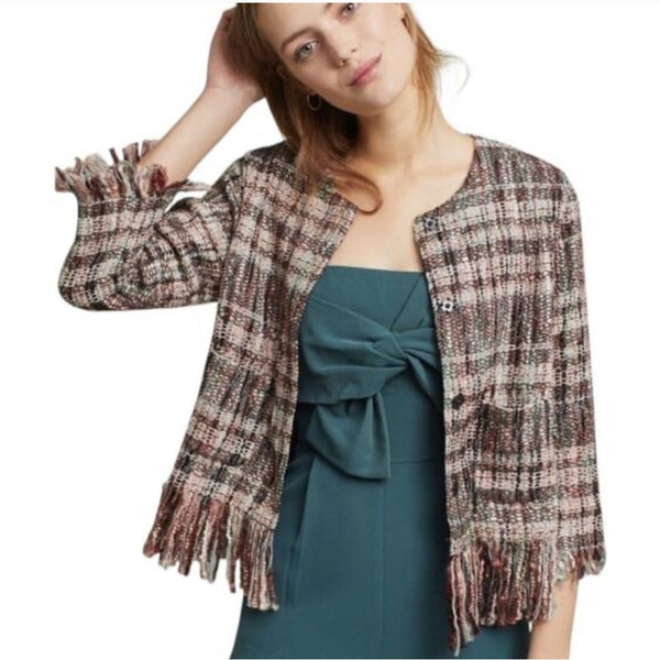Anthropologie Multi Tweed W Fringe Trim Textured Jacket.