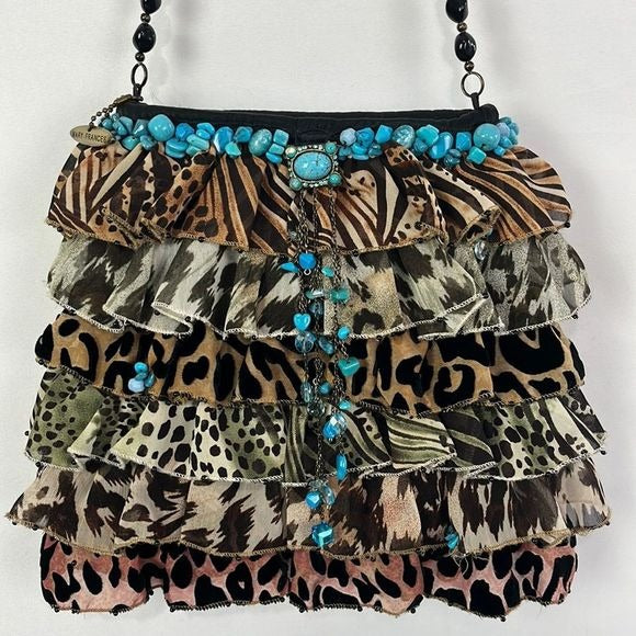 Mary Frances Animal Print Ruffle Bag with Turquoise Trim