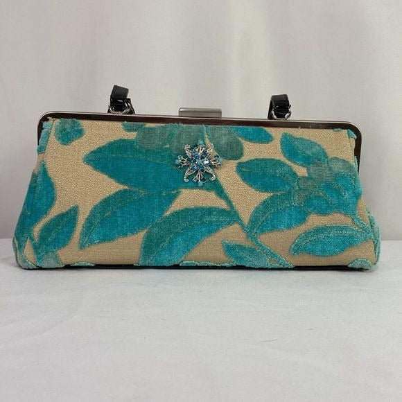 Glenda Geis Tan Turquoise Leaf Print Rec Kiss Lock Bag