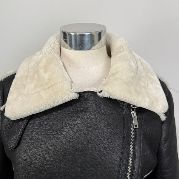 Aqua Size S Black faux shearling moto