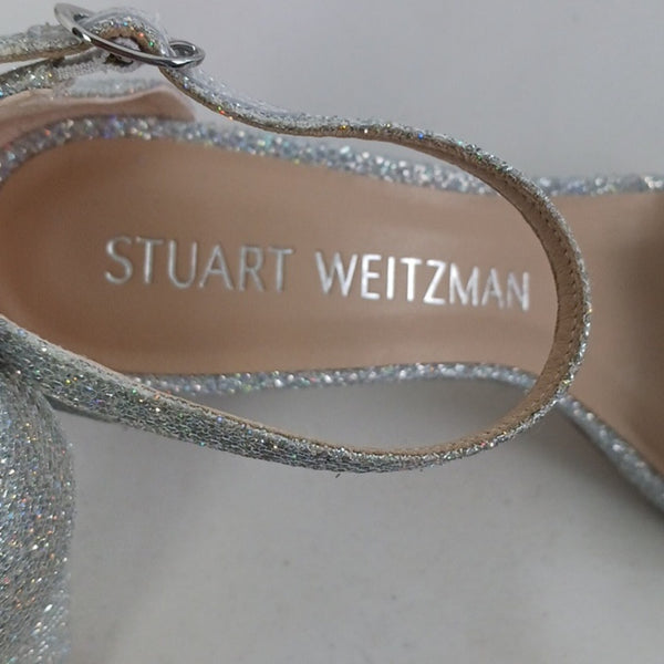 Stuart Weitzman Silver Ankle Strap Block Heels Sandals W Box.