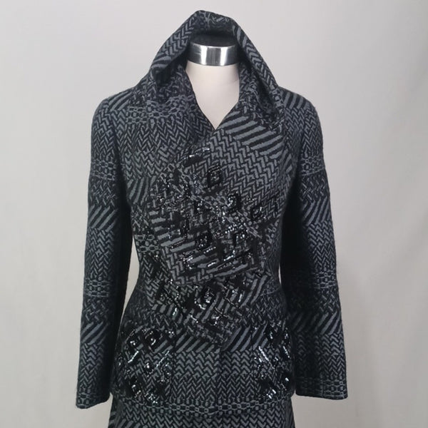CHANEL  Gray Wool Print W Beads Jkt/ Skt/ Scarf.