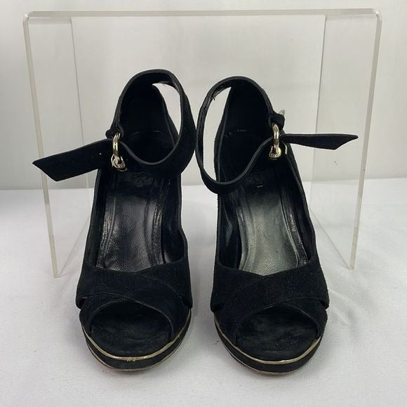 Gucci Black Suede With Gold Ankle Strap Sandal Heels