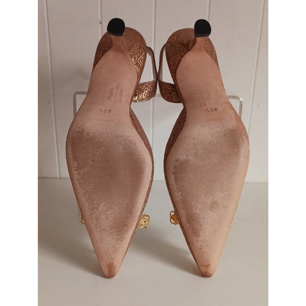 MANOLO BLAHNIK GOLD BROCADE W GOLD CRYSTAL DETAILS