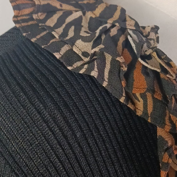 RIXO Black Knit Dress with Animal Print Details.