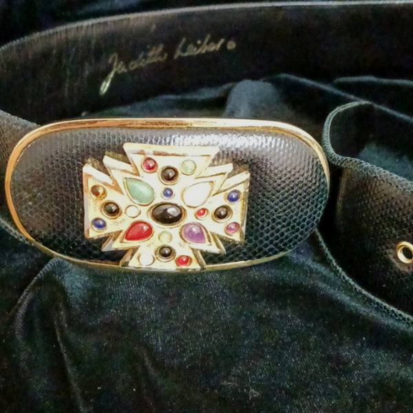 Judith Leiber Black Snake W Jeweled Cross Buckl Belt