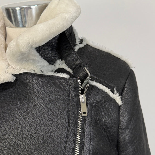 Aqua Size S Black faux shearling moto