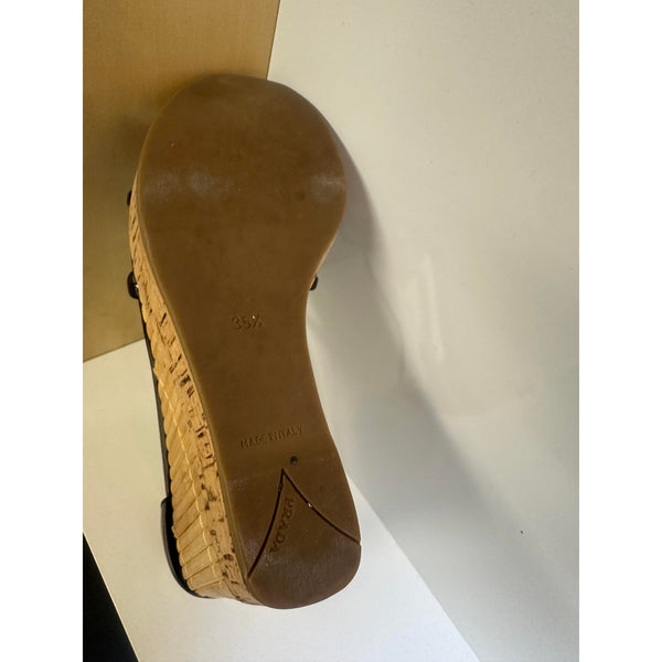 Prada Black Patent Straw Cork Wedges Sandals