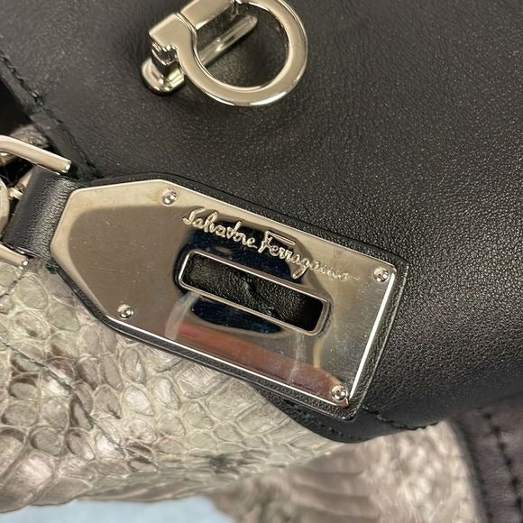 SALVATORE FERRAGAMO LARGE BLACK LEATHER AND GREY SNAKE BAG