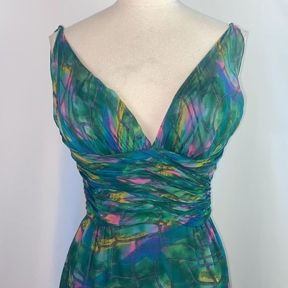 Green Print Pleated Bodice Vintage Dress