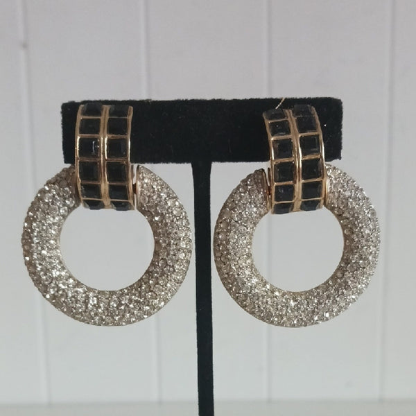 Ben Amun Large Black Rhinestone Clips Earrings.