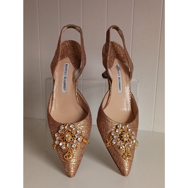 MANOLO BLAHNIK GOLD BROCADE W GOLD CRYSTAL DETAILS