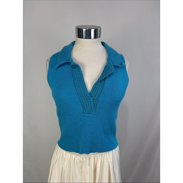 CAROLINE CONSTAS TURQUOISE CROP KNIT TANK TOP WITH COLLAR