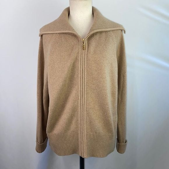 St. John Tan Zip High Neck Cashmere Sweater