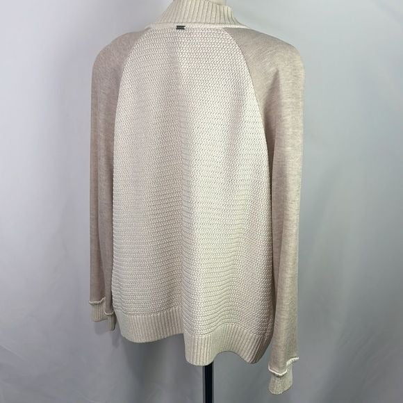 St John Cream Zip Mixed Media Knit Cardigan