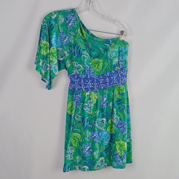 Lilly Pulitzer Green and Blue One-Shoulder Romper.