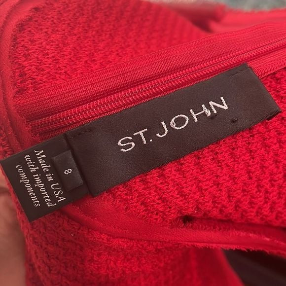 St John Red Textured Knit w Ruffle Bottom Dress