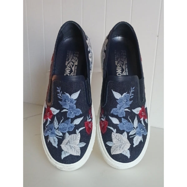 SALVATORE FERRAGAMO Denim Embr Slip Ons Sneakers.