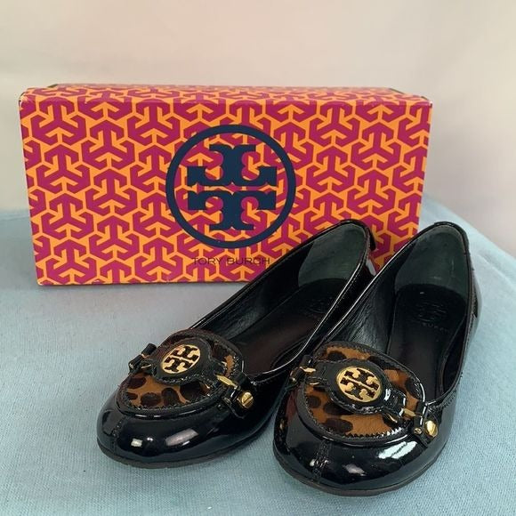 Tory Burch black patent flat with animal print