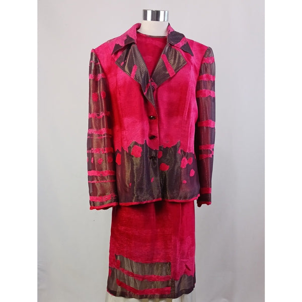ROGER SAKOUN VINTAGE RED/METALLIC 3 PIECE SKIRT SUIT