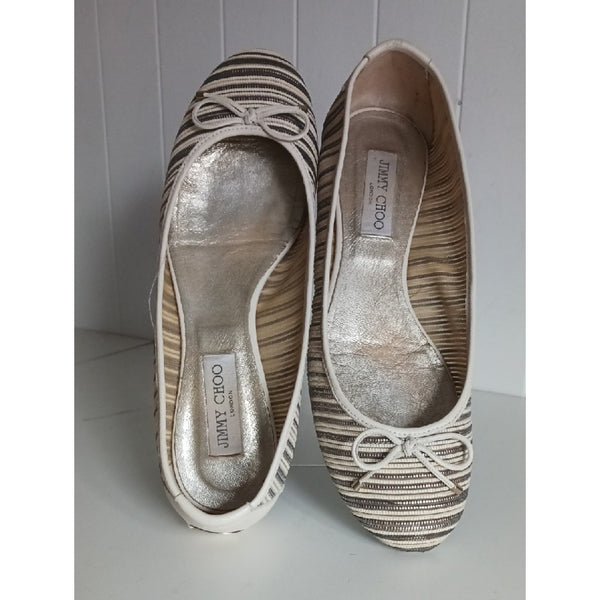 JIMMY CHOO  BLK CR STRIPED BALLET FLATS.