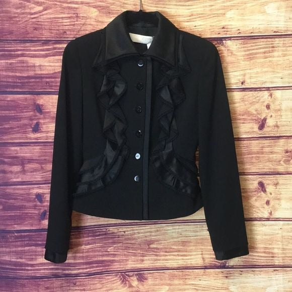 Valentino Black Satin Ruffle Wool Jacket Skirt Set