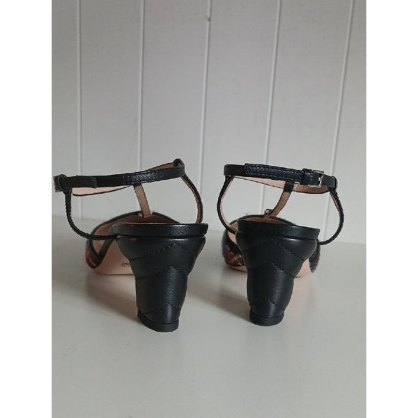 GUCCI DOUBLE G LOGO TWEED T'- STRAP PUMPS SANDALS.