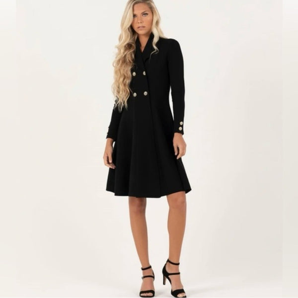 Aleeza Black Double-Breasted Dress with Gold Buttons.