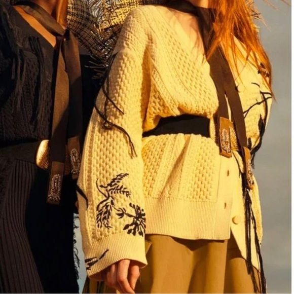 Dorothee Schumacher Cream Cardigan with Black Embroidery Cable Knit
