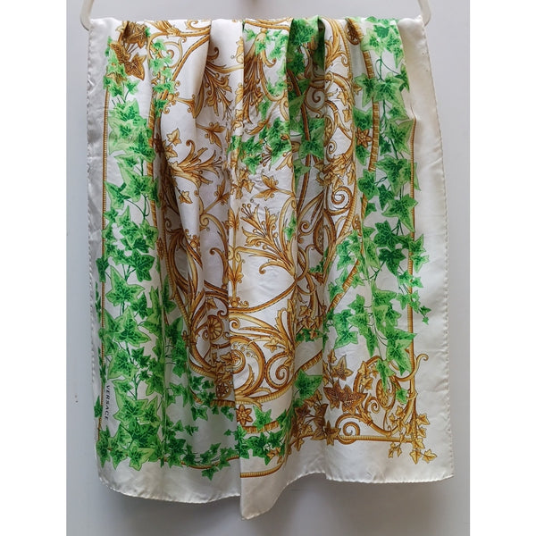 VERSACE VINTAGE GOLD  Green Leaves Print Scarf