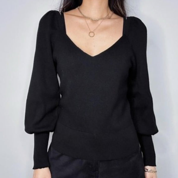 Anthropologie Black V Neck Poof Sleeves Sweater