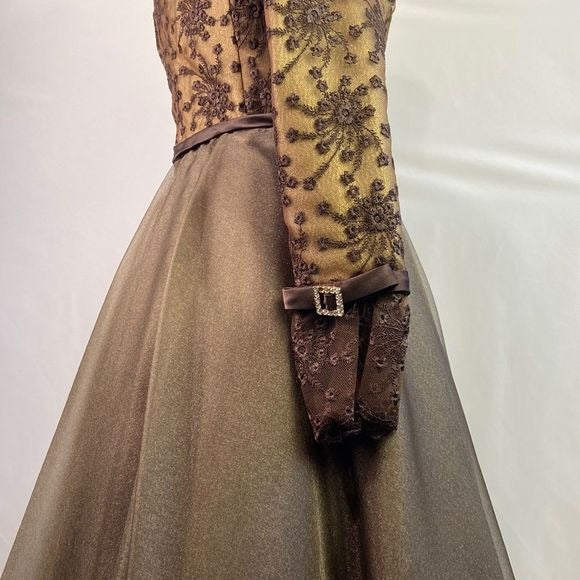 Saks Fifth Avenue Prince Vintage Brown Metallic Embroidery Fit Flare Dress