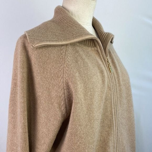 St. John Tan Zip High Neck Cashmere Sweater