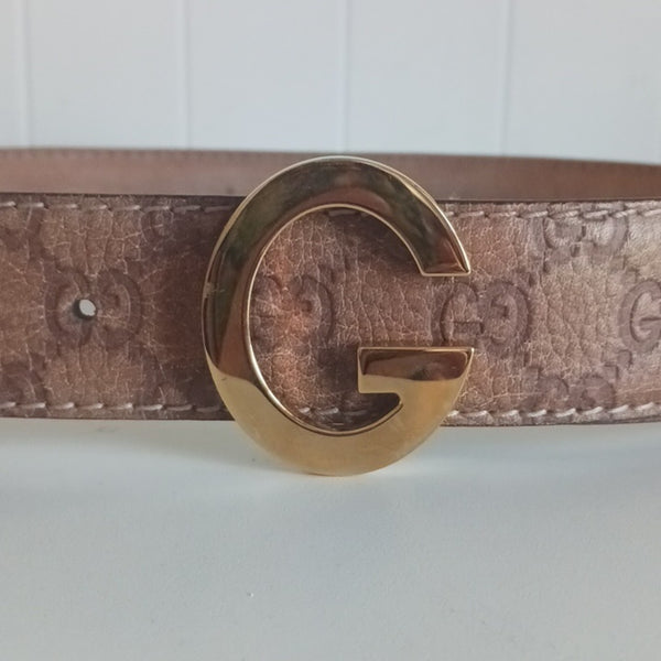 Gucci Brown Logo Leather with Gold G Buckle Belt.
