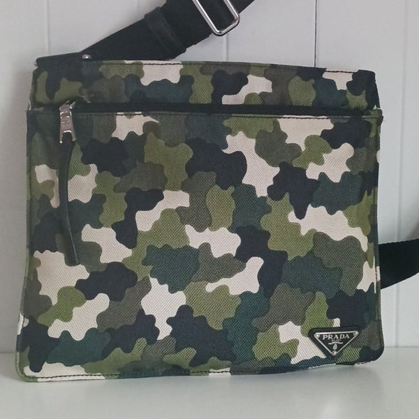 Prada Green Camo Canvas  Messenger Bag with Black Strap.