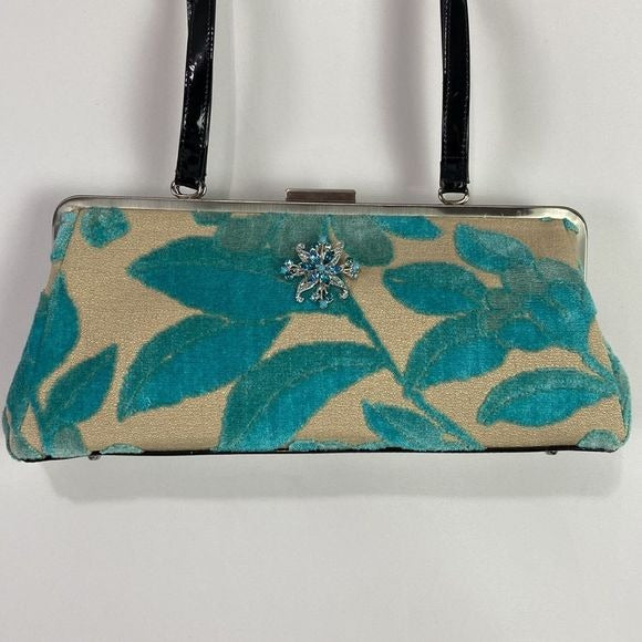 Glenda Geis Tan Turquoise Leaf Print Rec Kiss Lock Bag