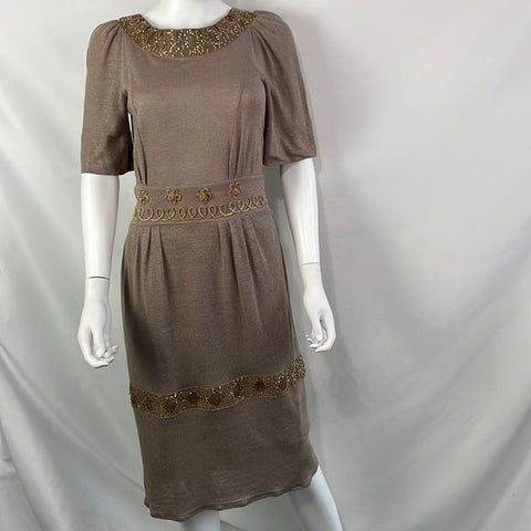 Chloe Tan Beaded Trim MIDI Dress