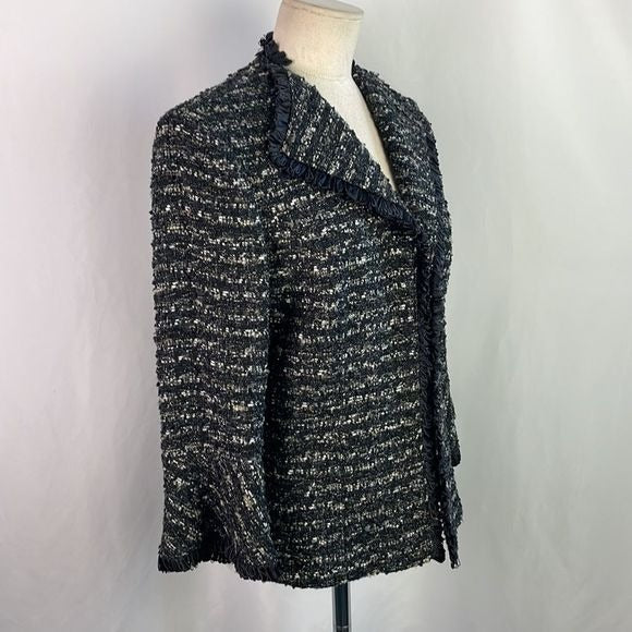 Lafayette 148 Black Tweed Ribbon Trim Open Front Jacket