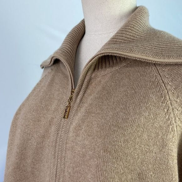 St. John Tan Zip High Neck Cashmere Sweater
