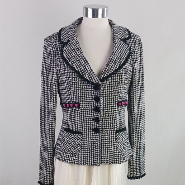 Nanette Lepore Vtg Black and White Houndstooth W Pink Trim Jacket.