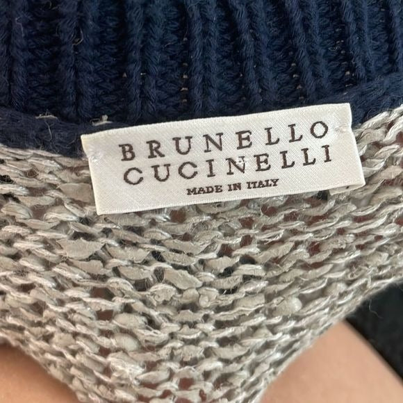 Bruno Cucinelli White Blue Sparkle Gray Sparkle Striped Sweater