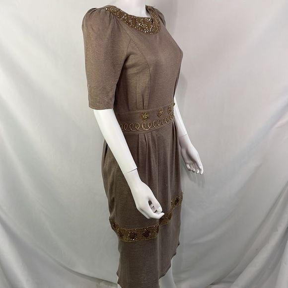 Chloe Tan Beaded Trim MIDI Dress