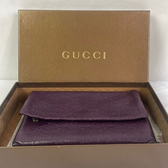 Gucci Purple Leather Logo Clutch With Box Bag